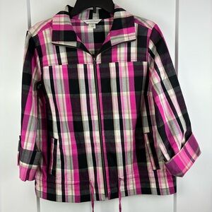 Christopher & Banks Pink Black Plaid Jacket Button Up Sleeve Size Medium  f